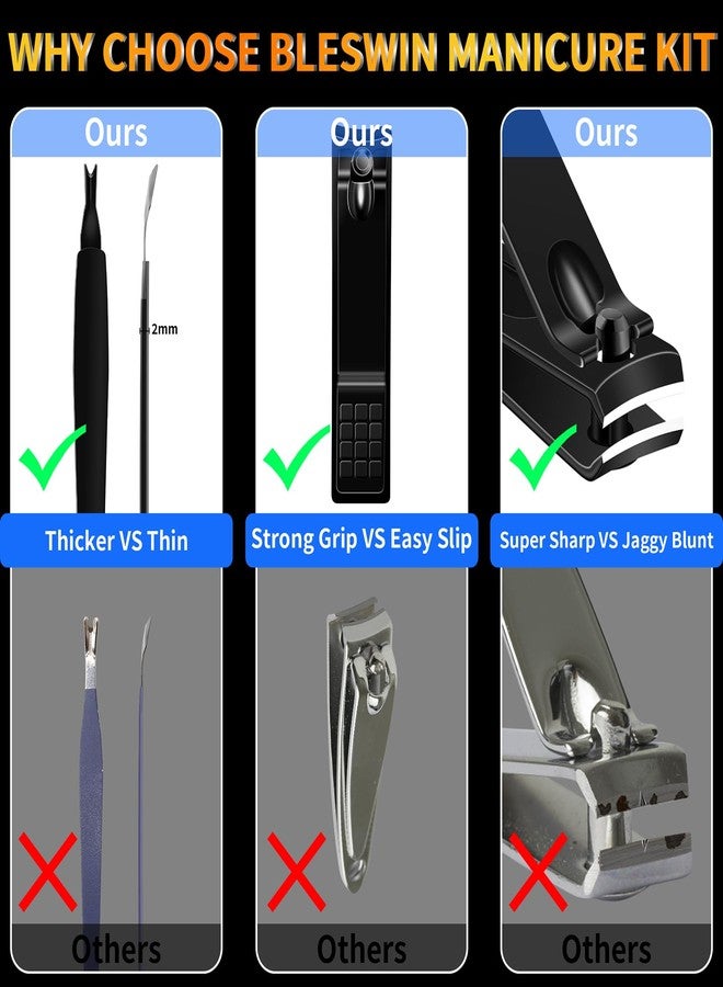BLESWIN Manicure Set 16 In 1 Professional Stainless Steel Pedicure Kit Toenail Clippers Set Mens Grooming Kit Fingernail Kit for Women with Luxurious Travel Bag, Suitable for Home, Travel, and Salon (Black) - Image 5